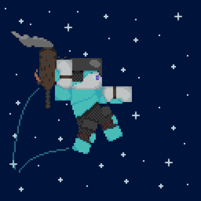 a Minecraft character clad in diamond and steel armor, preforming a rocket jump with the hand cannon from Better Thean Adventure.